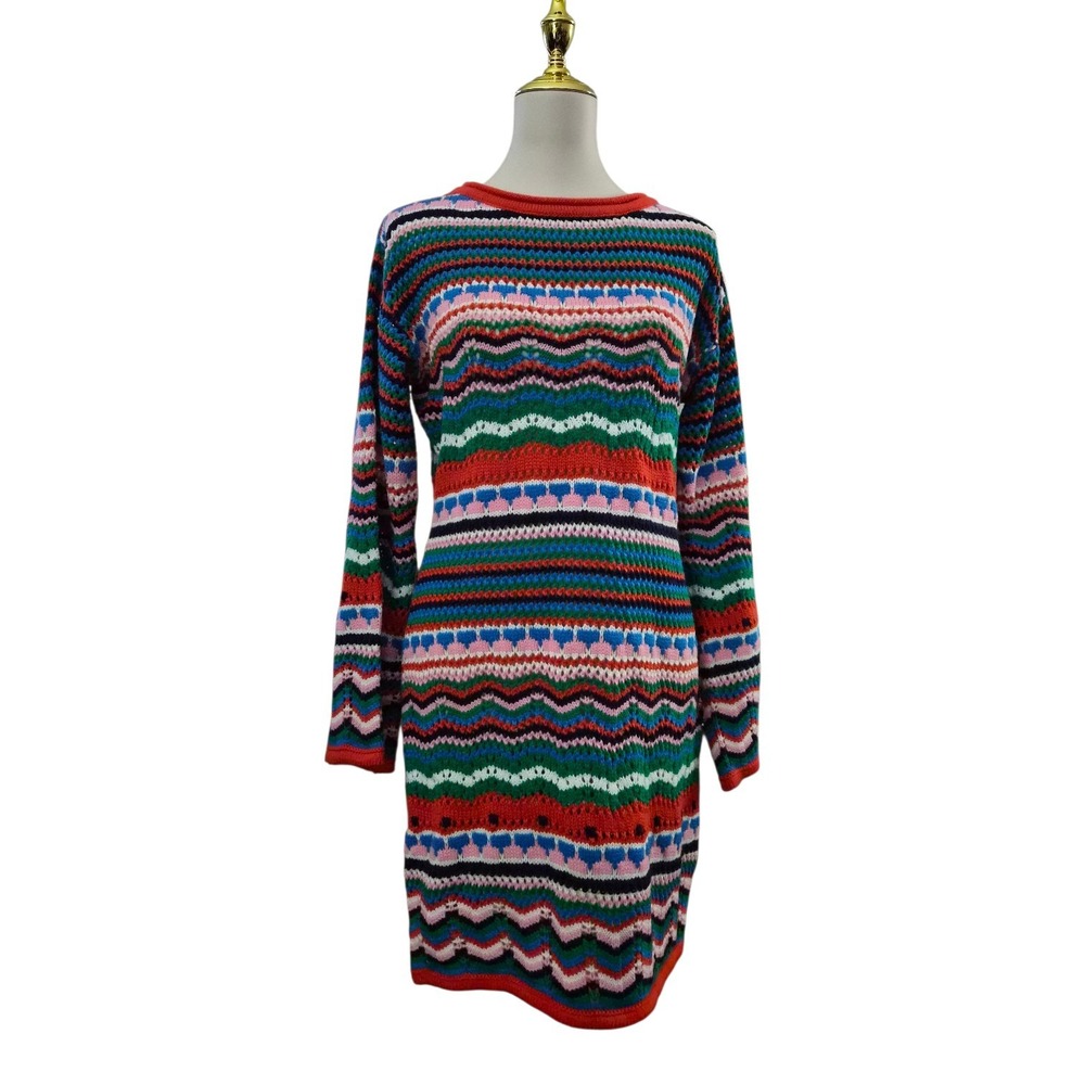 Free the Roses Crochet Open Knit Sweater Dress Multicolor Striped Long Sleeve S